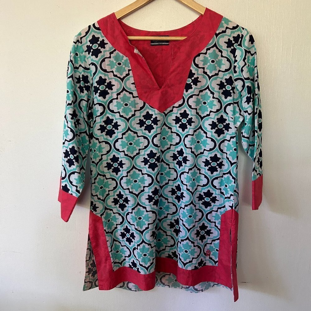 Simply Southern Tunic Top Womens Medium Blue Pink Geometric Vneck Maximalism